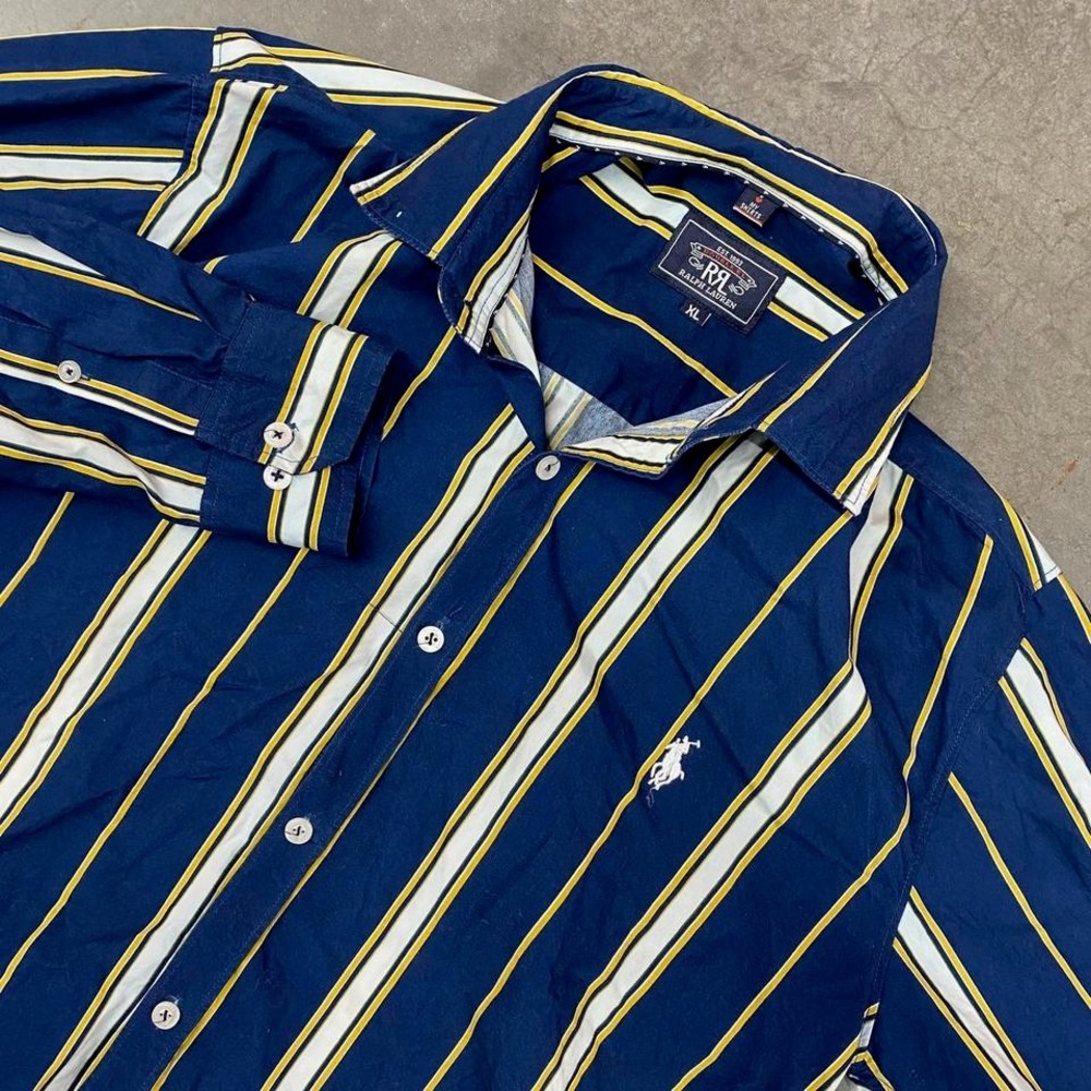 RRL Polo Ralph Lauren Blue Yellow Striped Button Down Shirt Mens‎ XL
